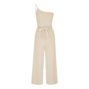 Mono de verano elegante para mujer, holgado, de color liso, con un hombro descubierto, lazo, cintura alta y bolsillos - Product Image 2