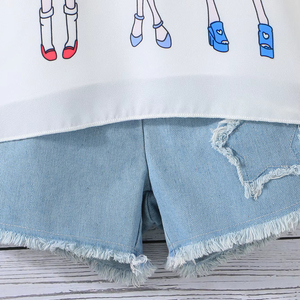 ชุดเสื้อผ้าเด็กผู้หญิงสองชิ้นแบบลำลอง สำหรับเด็กอายุ 3-7 ปี เสื้อแขนกุดผ้าฝ้ายกับกางเกงยีนส์ขาสั้นลายพิมพ์ สำหรับเด็กที่รักแฟชั่น - Product Image 6