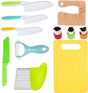 11 Pieces Wooden Kids Kitchen Knife Set Include Wood Kids Safe Serrated Edges Plastic Toddler Knife, Crinkle, Sandwich Cutter