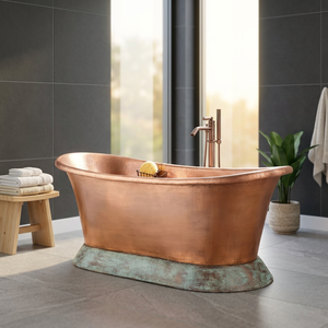 Bañera Ovalada Independiente de Cobre con Acabado Rústico y Base Decorativa, Bañera de Metal para Baño - Product Image 2