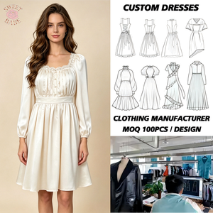 Elegant Vintage Women Satin <b>Dress</b> Square Neck Lace Pearl Decoration Long Sleeve High Waist A‑line <b>Dress</b> - Product Image 1