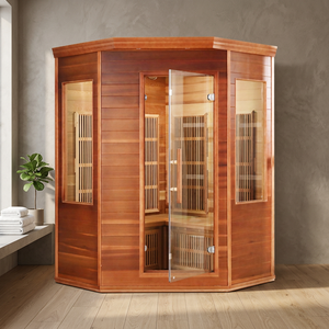 Saunas de infrarrojos de espectro completo de madera maciza para 4 personas, sauna de esquina de cedro para interiores, baja emisión de EMF - Product Image 1