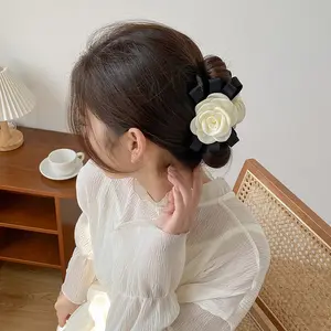 Popular Classic Camellia Hair Claw Clip Korean Satin Ribbon Bow Wedding Dress Headwear Women Fashion Designer Hair Accessories