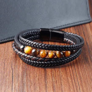 Bracelet en cuir véritable multi-couches avec perles en pierres semi-précieuses et fermoir magnétique en acier inoxydable 316L pour homme - Product Image 5