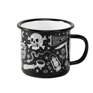 Gobelet en émail personnalisé 10oz 16oz, tasse de camping en émail, bord noir et bleu solide