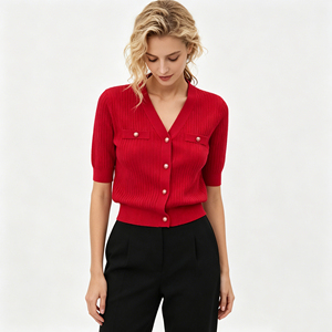<span class=keywords><strong>Cardigan</strong></span> en tricot <span class=keywords><strong>rouge</strong></span> pour femmes, manches courtes, col en V, boutonné, coupe ajustée, chemisier décontracté en tricot, vêtements en tricot - Product Image 5