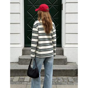 FOXA Womens Striped Polo Shirt Long Sleeve <b>Preppy</b> Knitted <b>Top</b> Regular Fit V Neck Lapel Collar Button Front Sweatshirt Tee - Product Image 4