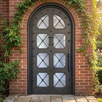 Puerta de Entrada de Hierro Arqueada de Lujo con Vidrio Decorativo y Rejilla de Acero para Casa o Villa