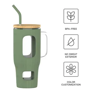 Large Capacity 40oz Glass Mug Non-Slip Silicone Sleeve 32oz Glass Tumbler With Bamboo Lid