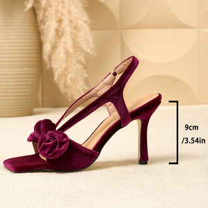 Sandalias Elegantes de Tacón Alto con Punta Cuadrada y Tira en el Talón, de Terciopelo Marrón para Mujer, con Lazo - Product Image 6