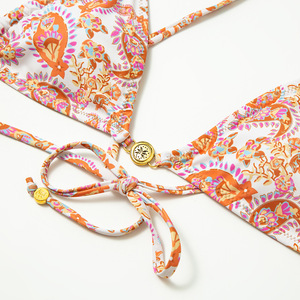 Conjunto de bikini para mujer con estampado Paisley, top triangular con cuello halter y lazo lateral, traje de baño de dos piezas sin espalda con decoración de herrajes, ropa de playa al por mayor - Product Image 6