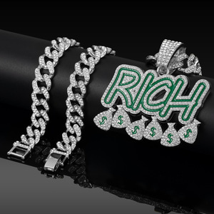 Conjunto de Cadena Cubana con Colgante Iced Rich, Chapado en Oro, Diamantes de Circonita, Collar Hip Hop, Letra de Aleación con Esmalte Verde, Amuleto de Bolsa de Dinero, Regalo - Product Image 3