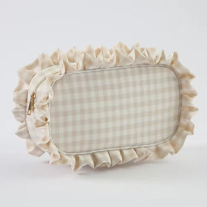 Cute Cosmetic <b>Bag</b> with Ruffles Pouches Checkered Gingham Plaid Wedding <b>Bride</b> Large Lifestyle Toiletry <b>Makeup</b> Ruffle Cosmetic <b>Bag</b> - Product Image 2