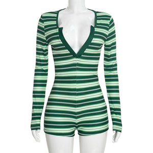 Viviblook J26RP336 Nouvelle Combinaison Décontractée Rayée Ajustée Sexy à Col en V et Manches Longues Côtelées pour Femme – Collection Automne - Product Image 5