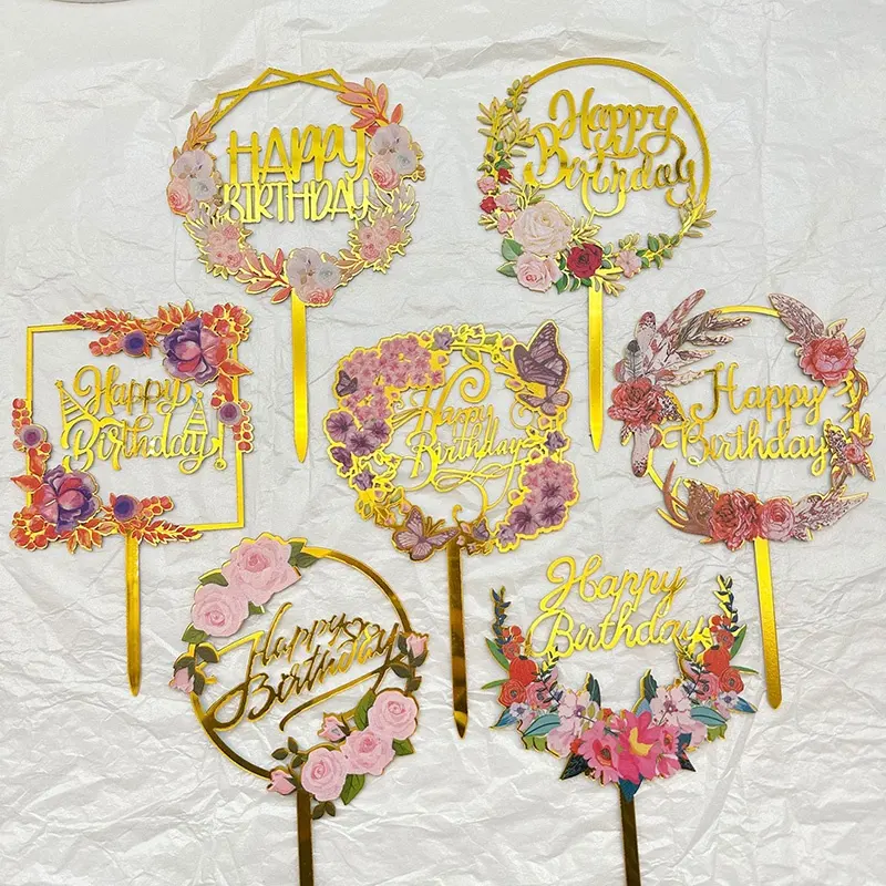 Cercle de fleurs acrylique joyeux anniversaire gâteau Topper or géométrie ronde lettre décoration de gâteau fête de mariage Cupcake Toppers