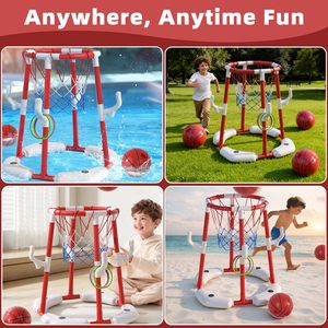 2 in 1 Pool Basketball Hoop Set <b>Floating</b> Ground Water Game <b>Inflatable</b> Sports Toy with Balls Rings Pump for Kids Adults Party - Product Image 6