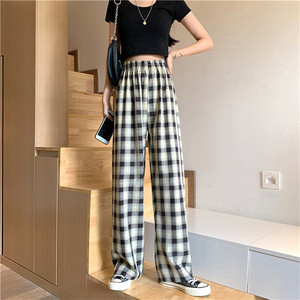 Pantalon droit d'été à carreaux minces pour femmes rose petit pantalon de pyjama ample <span class=keywords><strong>taille</strong></span> haute pantalon ample en treillis - Product Image 2