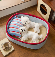 Coussin Nid pour Animaux de Compagnie Ovale Semi-fermé, Tendance et Adorable, pour Chien et Chat, avec Tapis en Rotin Réversible Rafraîchissant, Respirant, Doux, pour l'Été, avec Coussin de Soutien et Antidérapant
