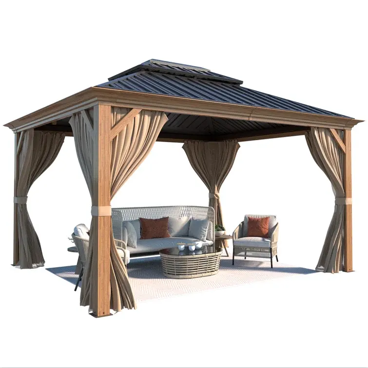 STOCK IN USA Mini quantità 1 pezzo 10x12 ft. Esterno doppio tetto IN legno Gazebo per Patio include tende e rete