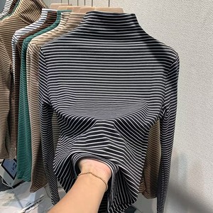Women's Yarn Dyed Striped Long Sleeve Semi High Collar Base Shirt Soft Knit <b>Top</b> Daily Wear Autumn Winter Inner <b>Layer</b> - Product Image 4