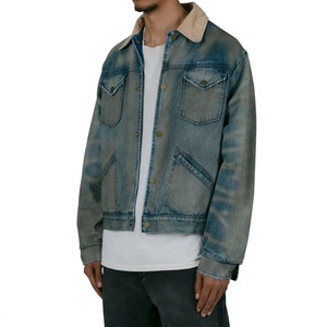 เสื้อแจ็คเก็ตเดนิมทรงทรัคเกอร์ คอร์ดูรอยสีน้ำเงินวินเทจฟอกแบบดิสเทรส ผลิตจากผ้าฝ้าย 100% เป็นมิตรต่อสิ่งแวดล้อม ทรงหลวมสบาย สปริงคัสตอม - Product Image 2