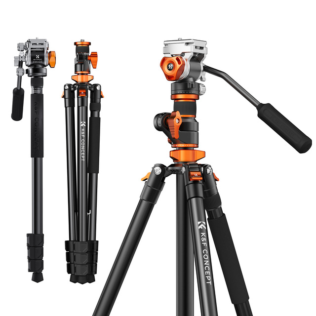 K&F Concept T254A7+FH-03 Hydraulic Video Tripod Head with Horizontal Center Axis Foldable Detachable Monopod Plate Buckle Lock