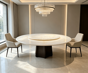 Mesa de Comedor Redonda de Piedra Natural Ónix Blanco con Base Giratoria Lazy Susan, Muebles de Comedor de Lujo para Casa o Villa, Muebles para el Hogar de 8 Plazas - Product Image 5