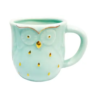 Tasse à café en céramique avec bords dorés, 1 pièce, couleurs Jade, vert menthe, café, thé, bord doré, poignée avec sirène, hibou, ananas, renard, renne, éléphant