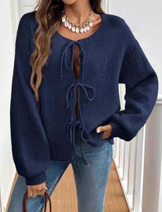 <span class=keywords><strong>Cardigan</strong></span> en tricot simple pour femmes - Confortable et ample - Design à cordon de serrage en tricot - Style décontracté printemps - Haut rétro - Product Image 5