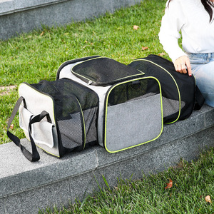 Transportadora Expandible para Mascotas, Gris con Ribete Verde, Gran Capacidad, Transpirable, Bolsa de Viaje Portátil para Perros y Gatos - Product Image 2