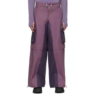 来样定做紫色撞色拼接工装裤可调腰拉链飞两色宽腿裤棉混纺裤