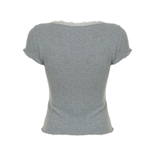 Blusa de punto dulce con cuello redondo, inserción de encaje y botones frontales, ajuste entallado, estilo calado, estilo femenino - Product Image 6