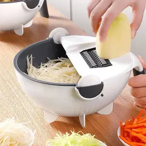 2024厨房蔬菜水果碎纸机刨丝器切片机旋转9合1手动切菜机，带排水篮