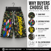 Shorts personnalisés camouflage woodland multicolore avec patch éclair et clous latéraux, en coton épais 300 g/m², ourlet brut et cordon de serrage, pour fabricants de marques