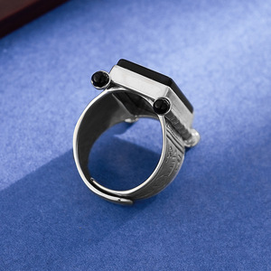 Anello in Argento S925 BOCAI per Uomo e Donna, Nuovo Stile Punk alla Moda con Grande Rettangolo in Agata Nera, Gioiello Elegante per Feste - Product Image 4