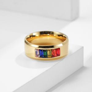 Anillo Clásico de Acero Inoxidable con Baño de Oro de 18K y Circonitas Arcoíris, Resistente al Deslustre, Anillo de Pareja, Joyería Unisex - Product Image 5