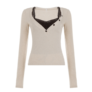 Color Block Lace Trim <b>V</b> <b>Neck</b> Knit Top, Long Sleeve <b>Women's</b> <b>T</b> <b>Shirt</b>, Patchwork Retro Top, Y2K Vintage Casual Fashion - Product Image 6