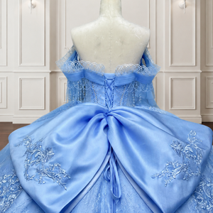 Vestido de Gala Azul Moderno para Quinceañera Lsmc138 con Cola Real y Decoración de Encaje, Tallas Grandes, Formal para Mujer Jancember - Product Image 6