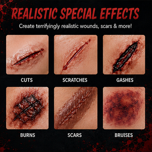 Kit de maquillage SFX complet OEM avec cire à cicatrices, <span class=keywords><strong>latex</strong></span> <span class=keywords><strong>liquide</strong></span>, <span class=keywords><strong>faux</strong></span> <span class=keywords><strong>sang</strong></span>, palette 6 couleurs pour des effets réalistes en cosplay <span class=keywords><strong>et</strong></span> pour Halloween - Product Image 4