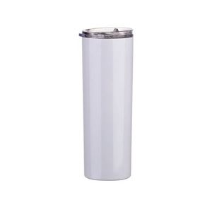 Gobelet isotherme droit et fin en acier inoxydable à double paroi, blanc, pour sublimation, avec paille et couvercle - Product Image 1