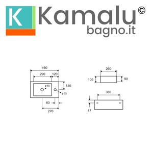 Litos-S50 Kamalu Lavabo de Baño de Diseño Moderno de 46 cm, Porcelana con Orificio para Mezcladora en el Lado Derecho para Baños Pequeños - Product Image 3