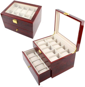 Boîte à montres moderne en bois 20 compartiments PJ, tiroir laqué piano, boîte de rangement pour bijoux avec motifs paysages/animaux pour hommes et femmes - Product Image 1