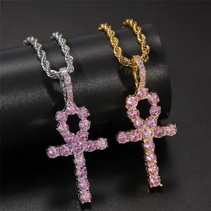 Hiphop Goud Bling Sieraden Groothandel Roze Diamant Tennis Hanger Kruis Sleutel Ankh Ketting