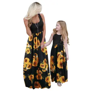 Madre e hija conjuntos a juego patchwork chaleco vestido tie-dye vestido de verano con bolsillo