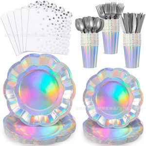 Disposable Party Supplies Kit 175 Pieces For 25 People Holographic <b>Plates</b> Cups Napkins Cutlery Set Party Use - Product Image 1