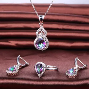 Popular Colorful Gourd Shape Pendant Drop Pear Shaped Stones 3A/5A CZ Ring Earring Necklaces Sets For Women