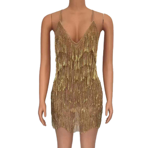 Sexy Spaghetti Strap Deep V Gold Tassel Cocktail Party <strong>Dress</strong> Women Backless Showgirl <strong>Ballroom</strong> Latin <strong>Dance</strong> <strong>Dress</strong> Club <strong>Dresses</strong> - Product Image 1