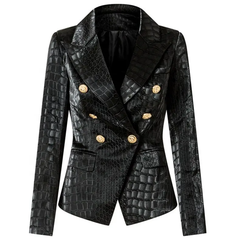 Y208135 Animal Crocodile Pattern Leather Black Blazer for Women Double Breasted Buttons Luxurious PU Street Jackets