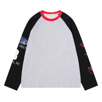 T-shirt unisexe oversize à manches longues, col rond contrastant, imprimé graphique lettres, style streetwear décontracté et ample