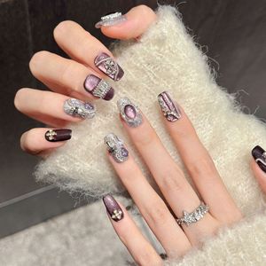 Uñ<span class=keywords><strong>as</strong></span> postizas al por mayor para mujer, moradas, estilo ataúd, con purpurina ojo de gato, cadena de baguette cruzada y diamantes de imitación, para estilo gótico, oscuro y coqueto. - Product Image 3